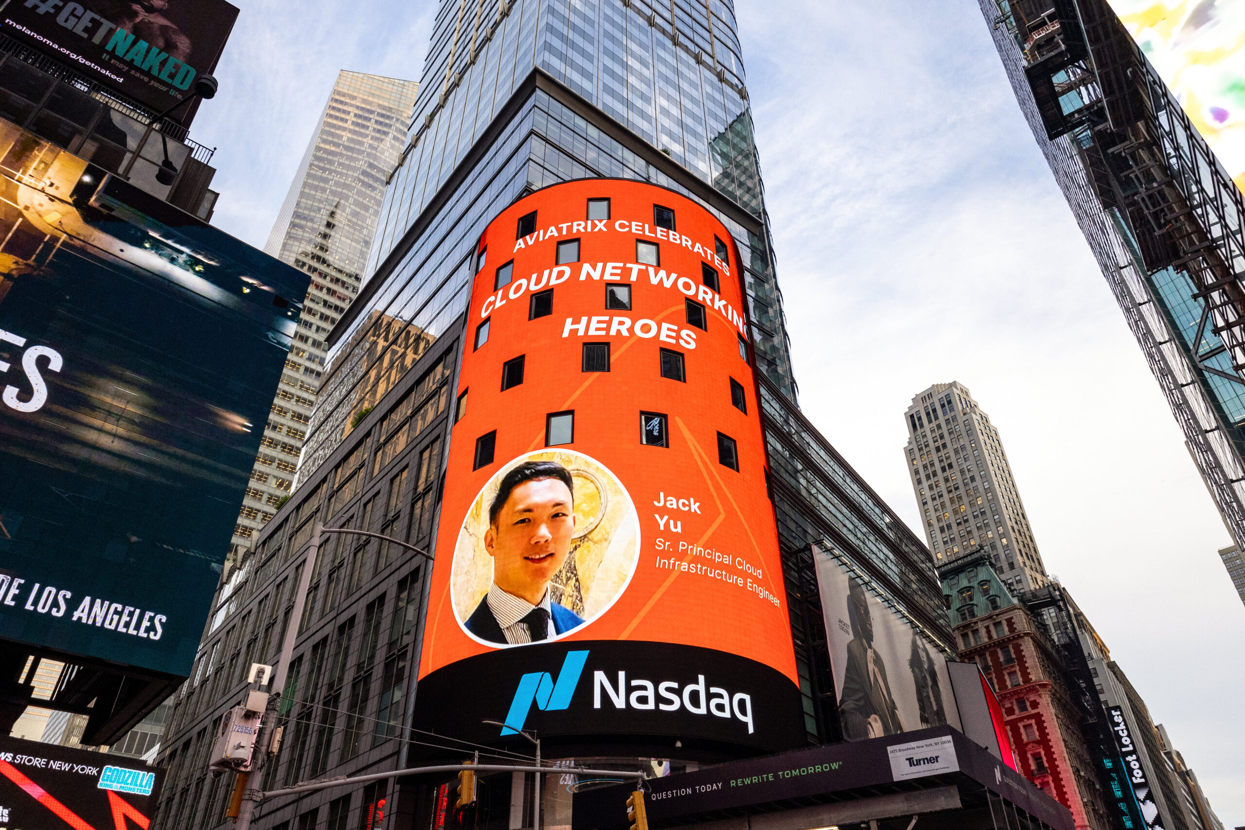 Picture of Jack Yu on the Nasdaq tower featured as a Cloud Hero